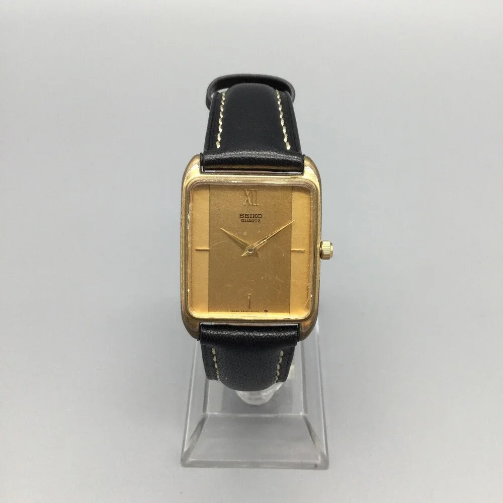 Seiko Mens Watch 25mm Gold Dial Gold Tone 6530-5200 Black Strap New Battery